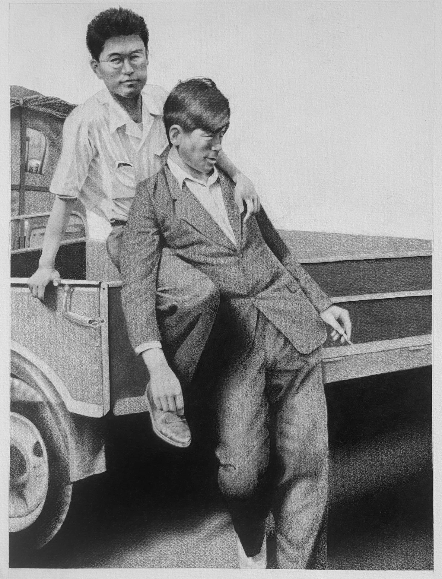 Ethan Lottman, "Japanese Friends," ink, graphite, and charcoal, 17.5 x 13.37 inches.