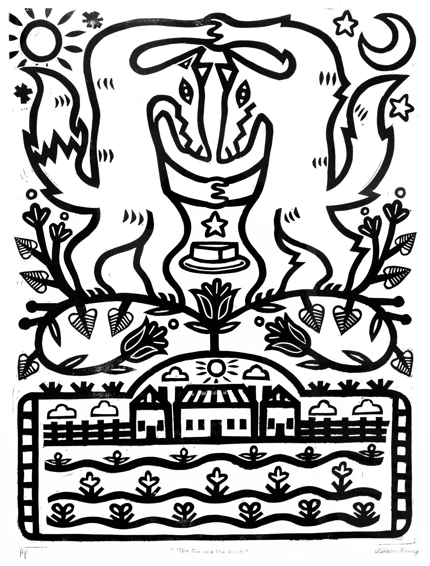 Allison Erdelyi, "The Fox and the Wolf," linocut, 36 x 24 inches.
