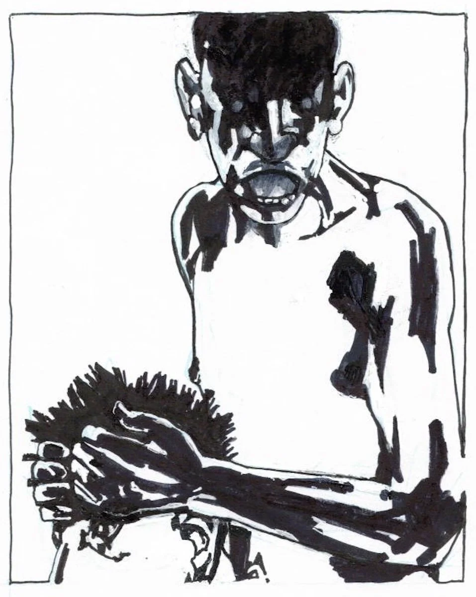 Thomas Micchelli, "Discarded Gods #7," ink, opaque watercolor, blue pencil on paper, 4 x 3 inches.