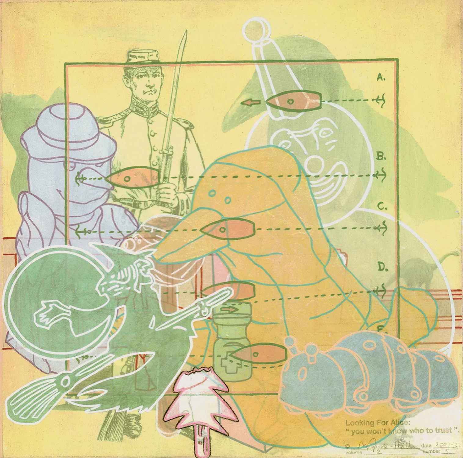 M.A Papanek-Miller, "Looking for Alice: you won't know who to trust 2.5," mixed media, 12 x 12 inches.