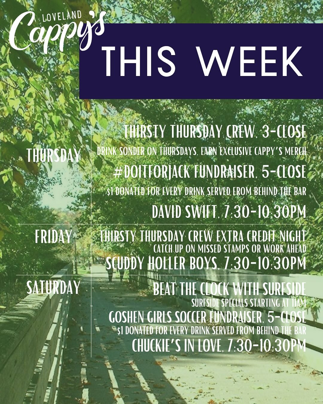 Mark your calendars for what&rsquo;s cappening this week and then come out and have some drinks with us! 🍻🍻🍻

#CappysAF #LovelandOH #CincyLiveMusic #DrinkBeerDoGood