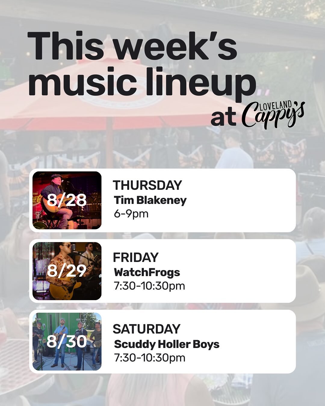 Mark your calendars! We had to make a last minute change with Thursday&rsquo;s music. Thanks to Tim Blakeney for filling in on short notice. 🎸🎶

#CappysAF #LovelandOH #CincyLiveMusic