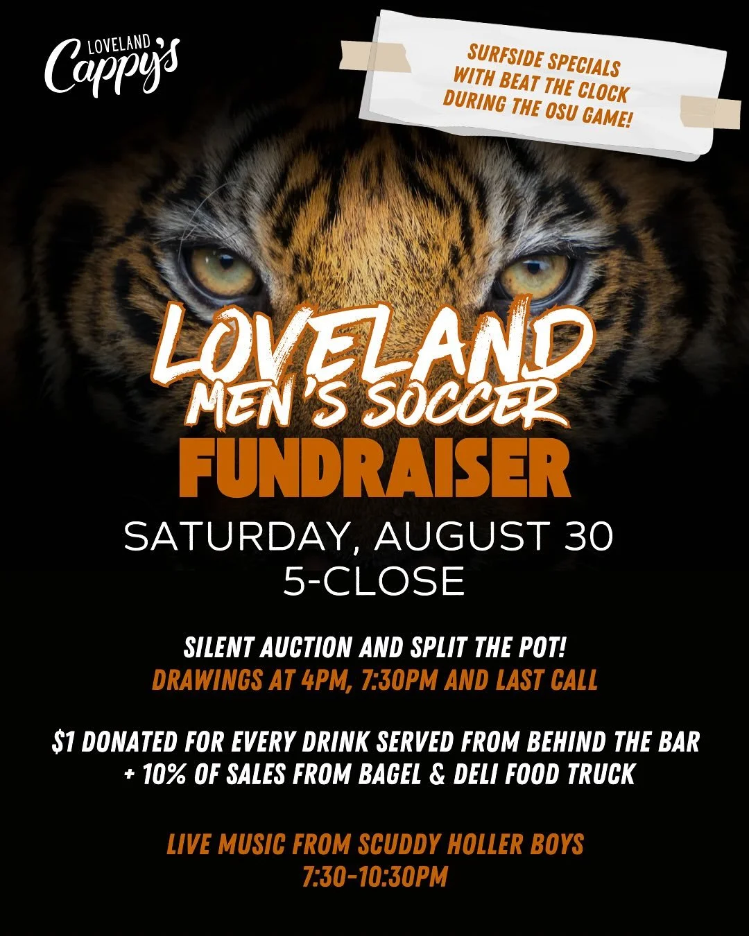 It&rsquo;s an all-day party at Cappy&rsquo;s in Loveland today! Volunteers with @lovelandtigersmenssoccer have put together an incredible silent auction for y&rsquo;all, PLUS opportunities to participate in their split the pot fundraiser start EARLY,