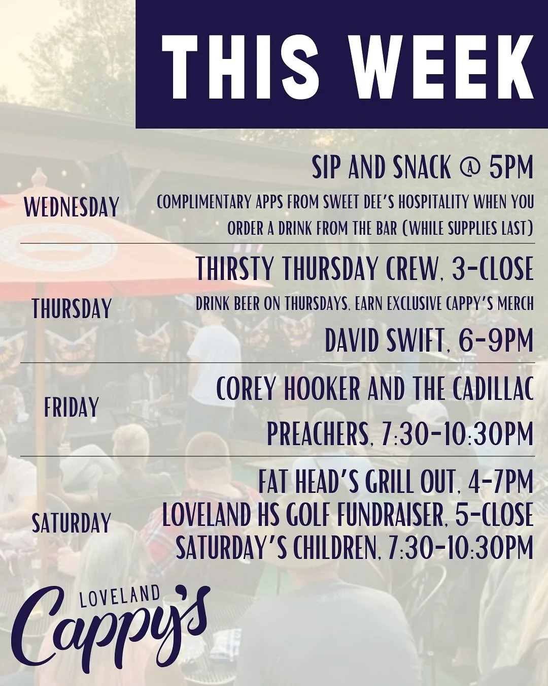 We&rsquo;ve got a jam-packed week for you, Loveland! 

👉Wednesday: Sip and Snack at 5pm
👉Thursday: David Swift 6-9pm
👉Friday: Corey Hooker and the Cadillac Preachers 7:30-10:30pm
👉Saturday: Fat Head&rsquo;s Grill Out 4-7pm, Loveland High School G