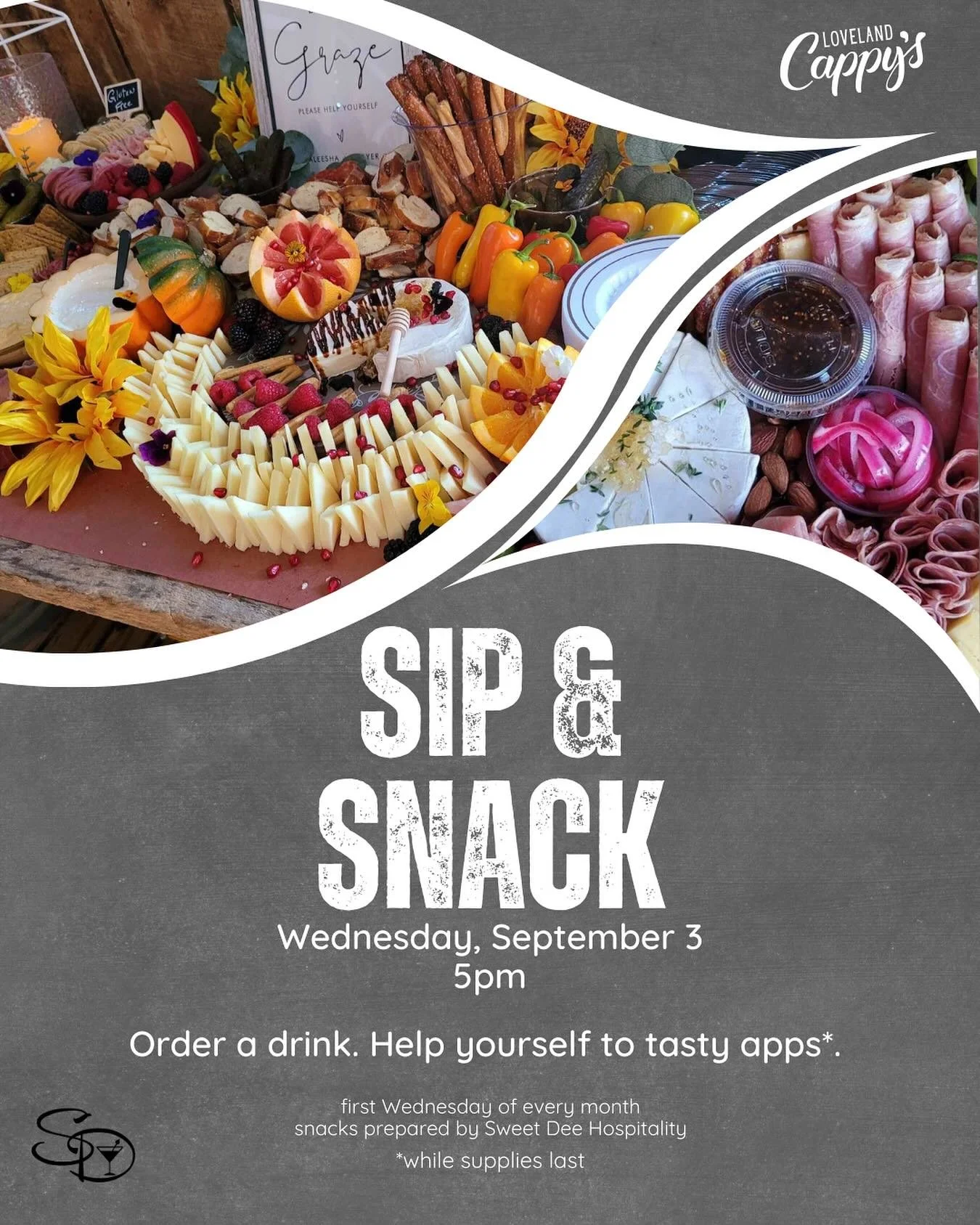 Tasty apps out for the taking starting at 5 - just order a drink from our bar and have at it! Thanks to @sweetdeehospitality for the good eats: pepperoni garlic cheesy bread and meatballs 

#LovelandOH #CappysAF #SipAndSnack