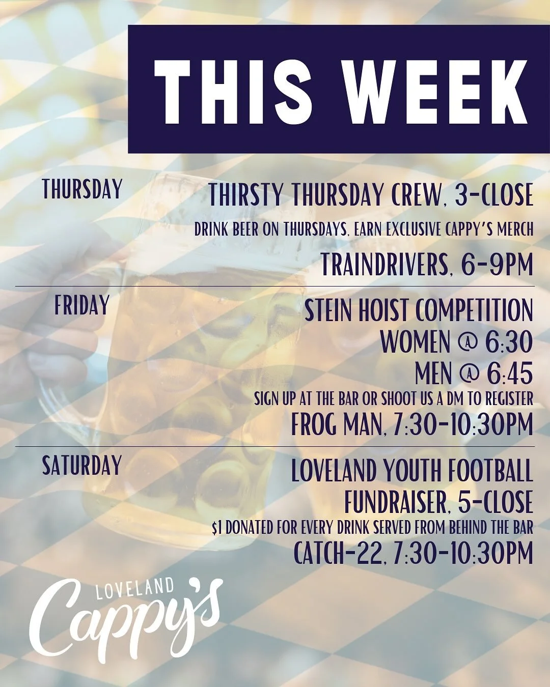 Prost! Loveland Oktoberfest is this weekend!!!

👉Thursday: Thirst Thursday Crew, 3-close
Traindrivers 6-9pm 

👉Friday: Stein Hoist Competition, 630-7 🍻
Frog Man 730-1030pm

👉Saturday: Loveland Youth Football Fundraiser 5-close 🏈
Catch-22 730-103