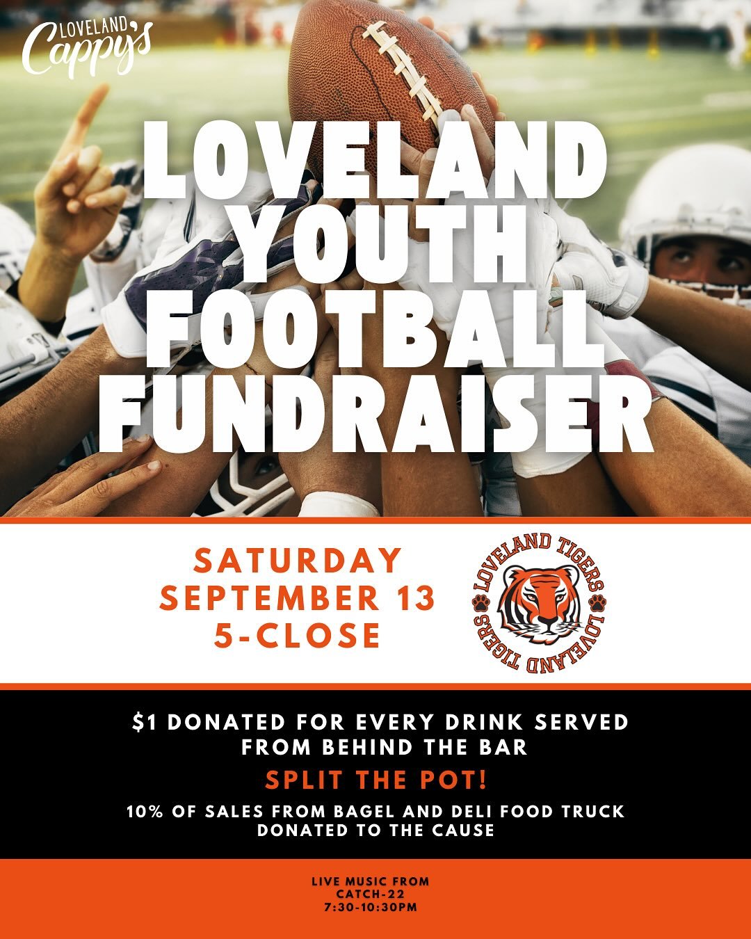 Come on out and support Loveland&rsquo;s Youth Football! $1 donated for every drink served from our bar! 🏈🍻🐅

#LovelandOH #DrinkBeerDoGood #LovelandTigers