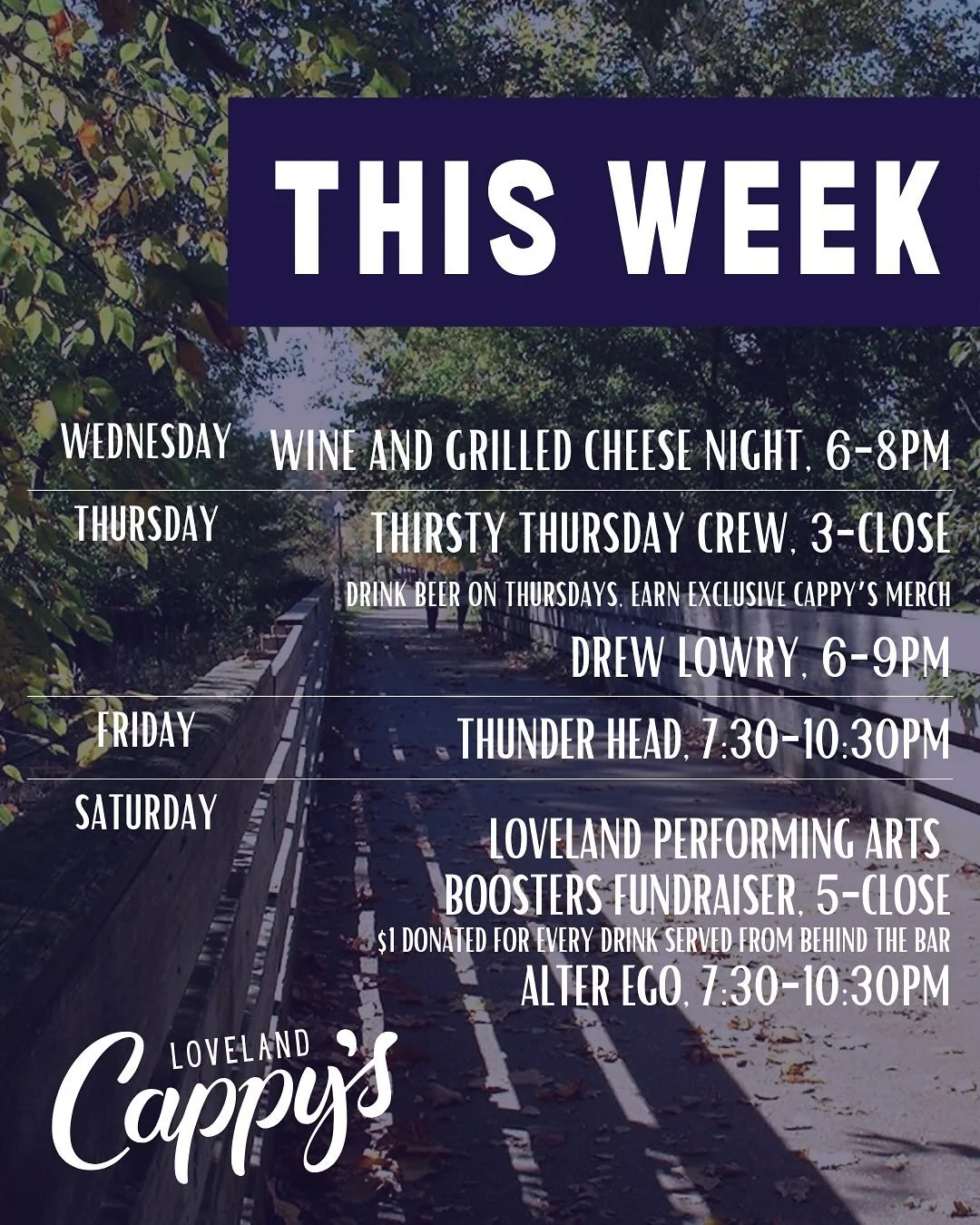 We&rsquo;ve got a jam-packed week for ya! 

👉Wednesday: Wine and Grilled Cheese Night 🍷🧀
👉Thursday: Drew Lowry 
👉Friday: Thunder Head
👉Saturday: Loveland Performing Arts Boostwrs Fundraiser and Alter Ego (with special performances by LHS studen