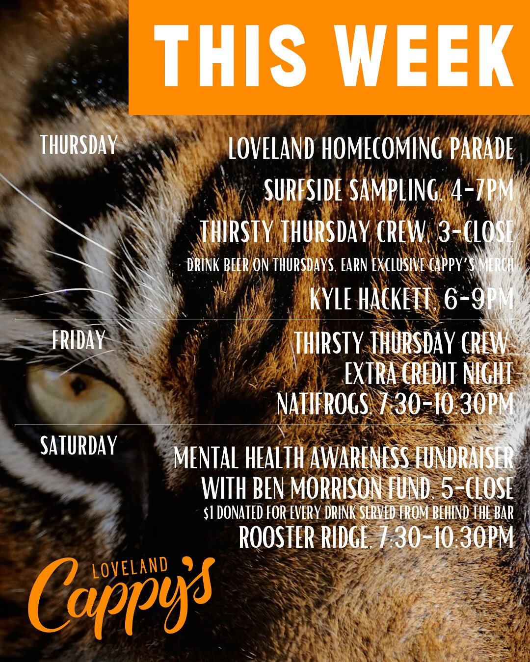 Happy Homecoming! 🧡🖤🧡🖤🧡🖤

👉Thursday:
Loveland Homecoming Parade
Surfside Sampling
Thirsty Thursday Crew
Kyle Hackett 6-9pm

👉Friday:
Thirsty Thursday Crew Extra Credit Night
Natifrogs 7:30-10:30pm

👉Saturday:
Mental Health Awareness Fundrais