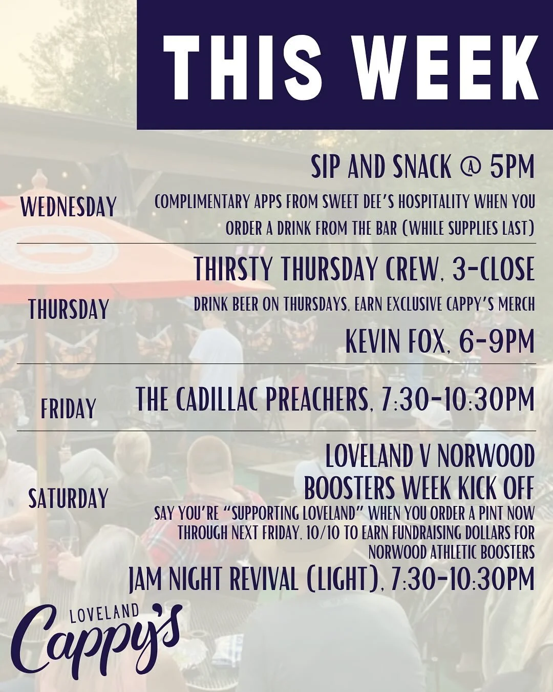 It&rsquo;s a gorgeous week to grab some beers on our patio! 🍻🍻🍻

👉Wednesday: Sip and Snack
👉Thursday: Kevin Fox
👉Friday: The Cadillac Preachers
👉Saturday: Boosters Week Kickoff and JNR Light

#CappysAF #LovelandOH #CincyLiveMusic #LovelandTige