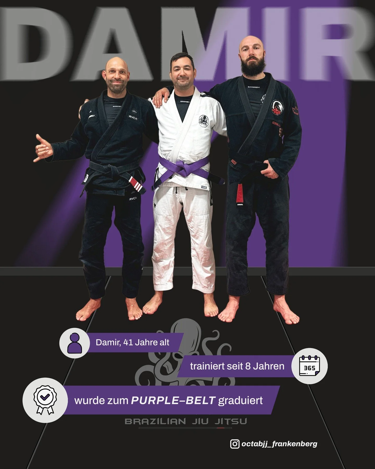 Seit 8 Jahren auf der Matte &ndash; auch wenn Job und Familie ihn manchmal ausbremsen, bleibt Damir ein echtes Herzst&uuml;ck unseres Teams. Ein Veteran, ein Freund und ein Vorbild in Sachen Loyalit&auml;t. 🥋🔥

#teamocta #bjjlife #BJJ #TeamSpirit #