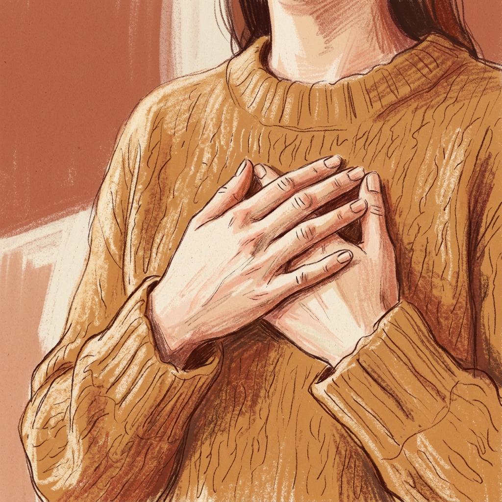 Mains posées doucement sur le cœur, pull crème, fond terracotta, connexion au corps et aux émotions