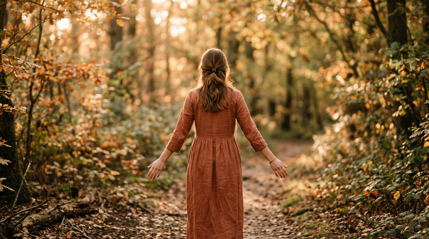 Femme de dos dans une forêt automnale, robe terracotta, bras ouverts vers la lumière, posture de libération et de lâcher-prise