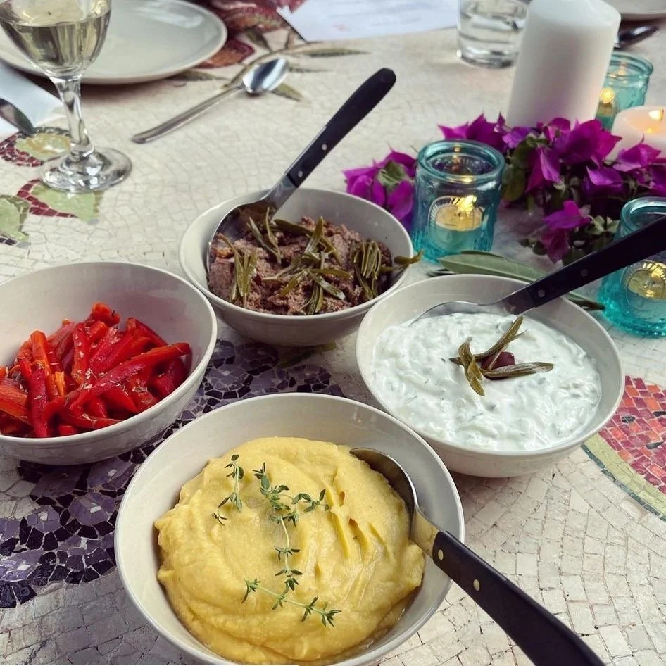 Greek fava, tzatziki, black olive tapenade and feta.