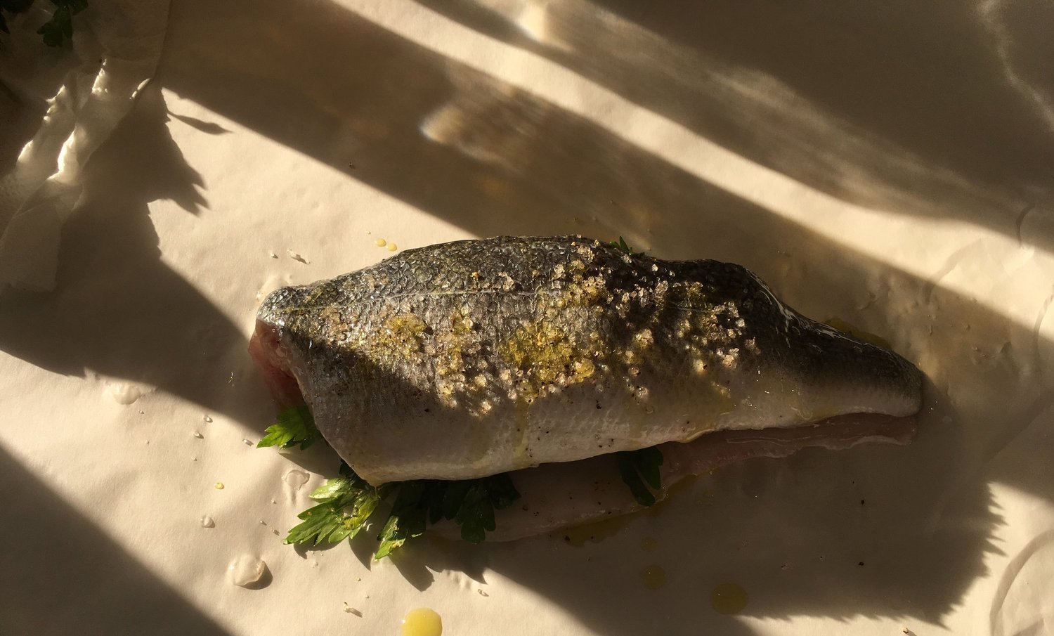 Kefalonian seabass fillet en papillote.