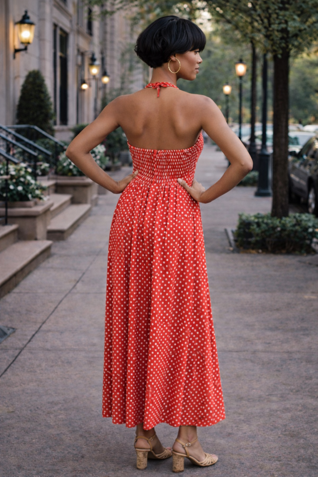 1970s red polka dot maxi dress
