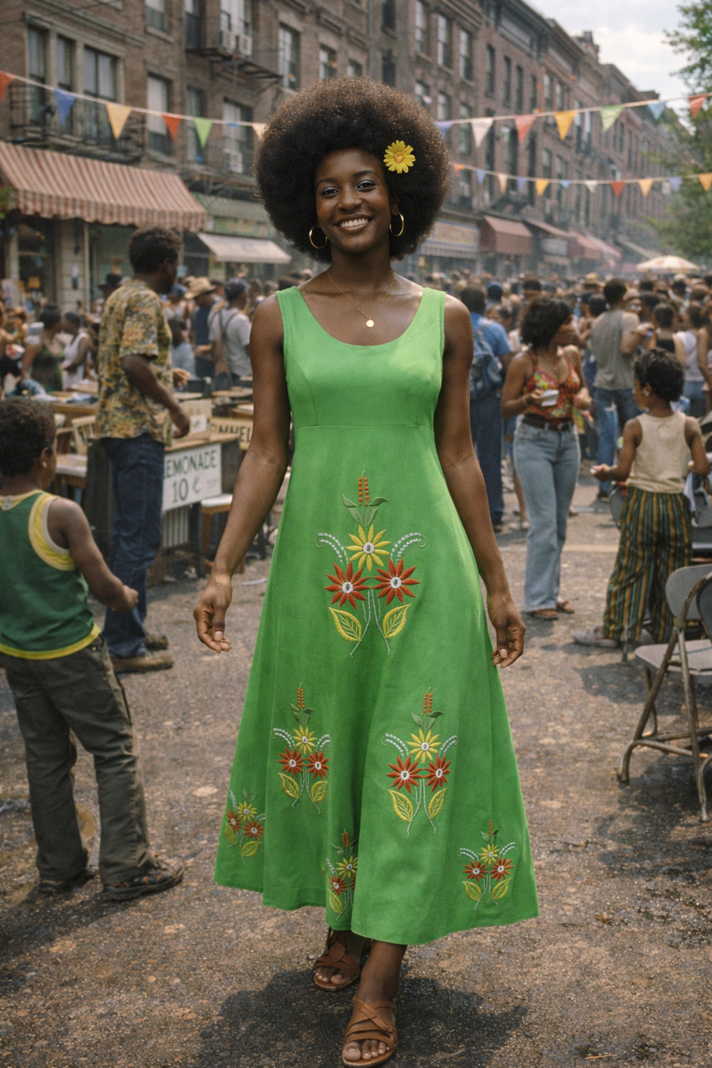 1970s floral embroidered green maxi dress