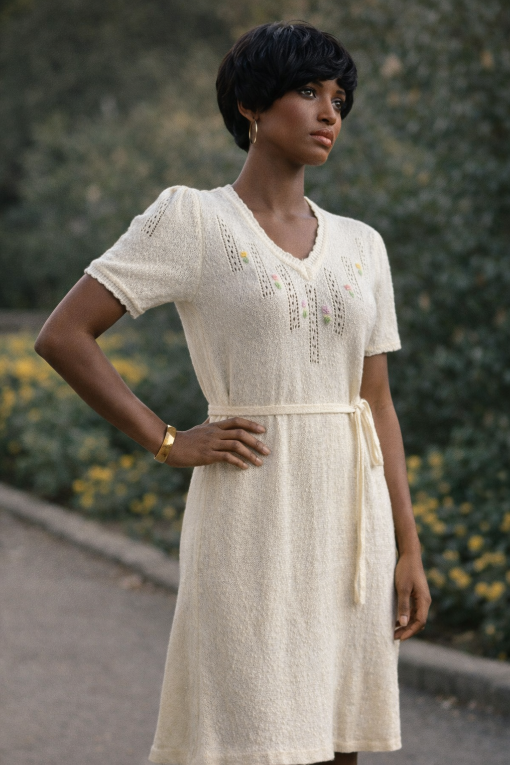 1970s cream boucle knit dress