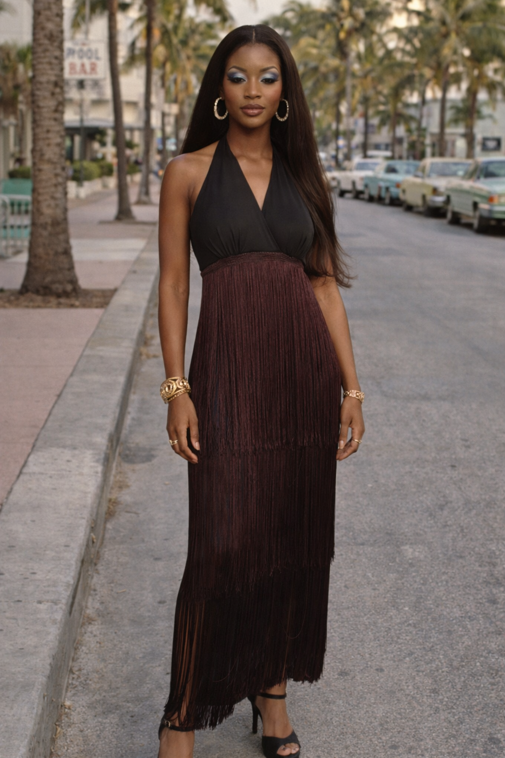 1970s fringe maxi dress