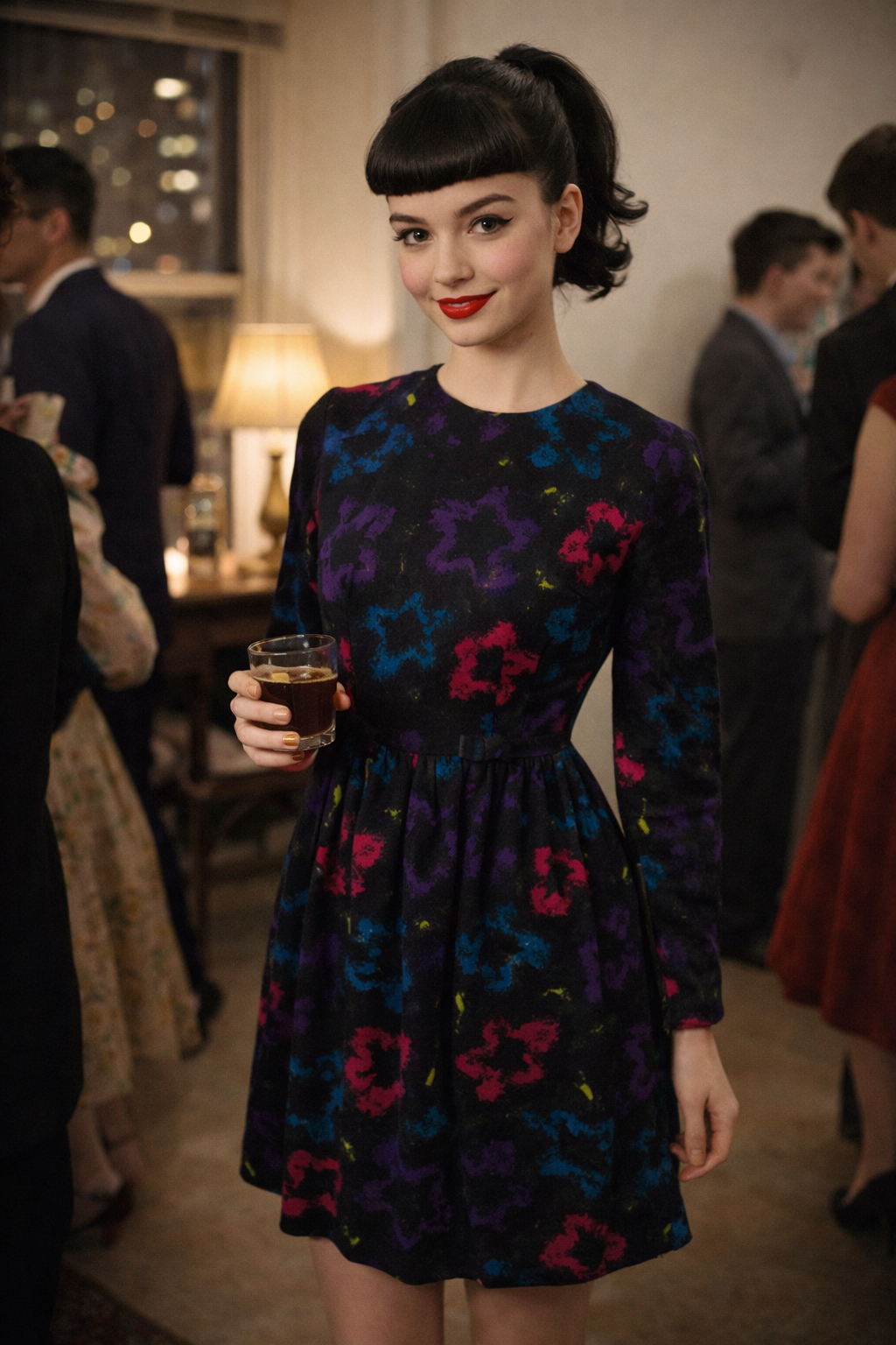 1950s abstract floral black dress • XS