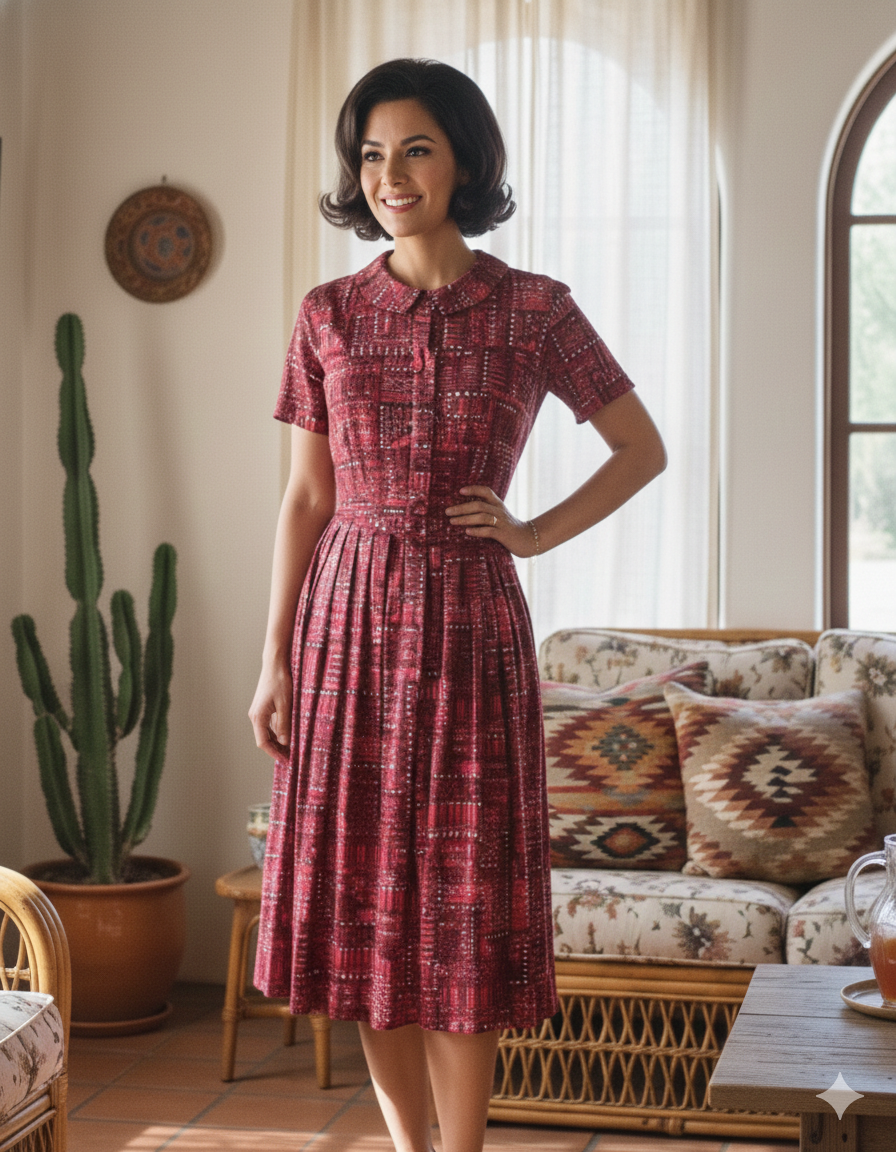 1960s berry red rockabilly abstract print shirtdress • S