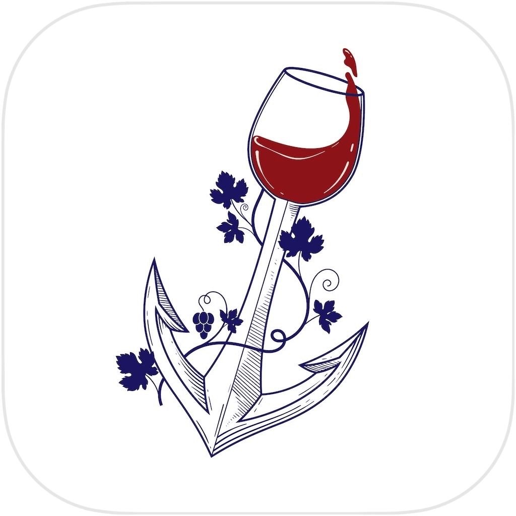 A sketch of a dagger with a floral design, a vine with leaves and grapes, and a partially filled glass of red wine balanced on the dagger's tip.