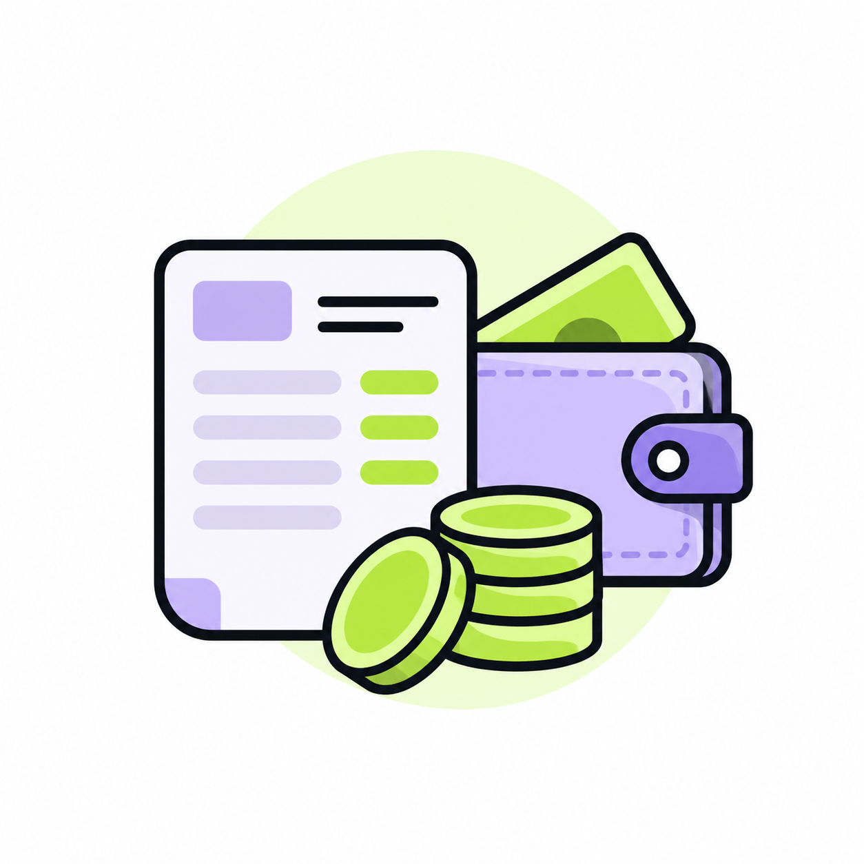 Illustration of a payment card, digital wallet, banknotes, and stacked coins representing digital finance and cryptocurrency