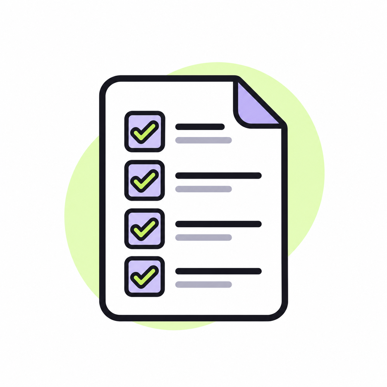 Checklist document icon with four green checkmarks and a folded corner
