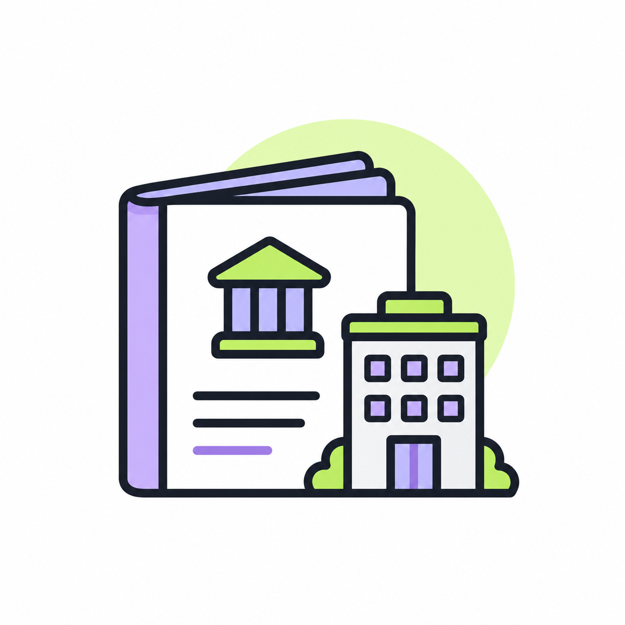 Illustration of a bank document and government building with purple and green accents
