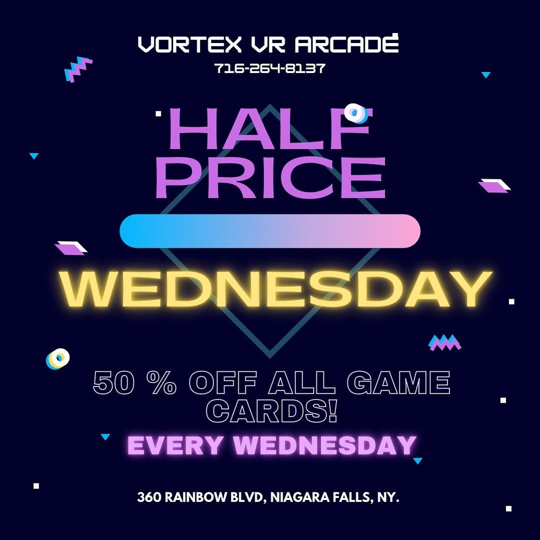 🎮 Attention all gamers! 🎮

Looking for some midweek fun? Join us every Wednesday at Vortex VR Arcade for our Half Price Game Cards event! Get ready to immerse yourself in the ultimate gaming experience at unbeatable prices. 
-
-
-

#arcade #arcadeg