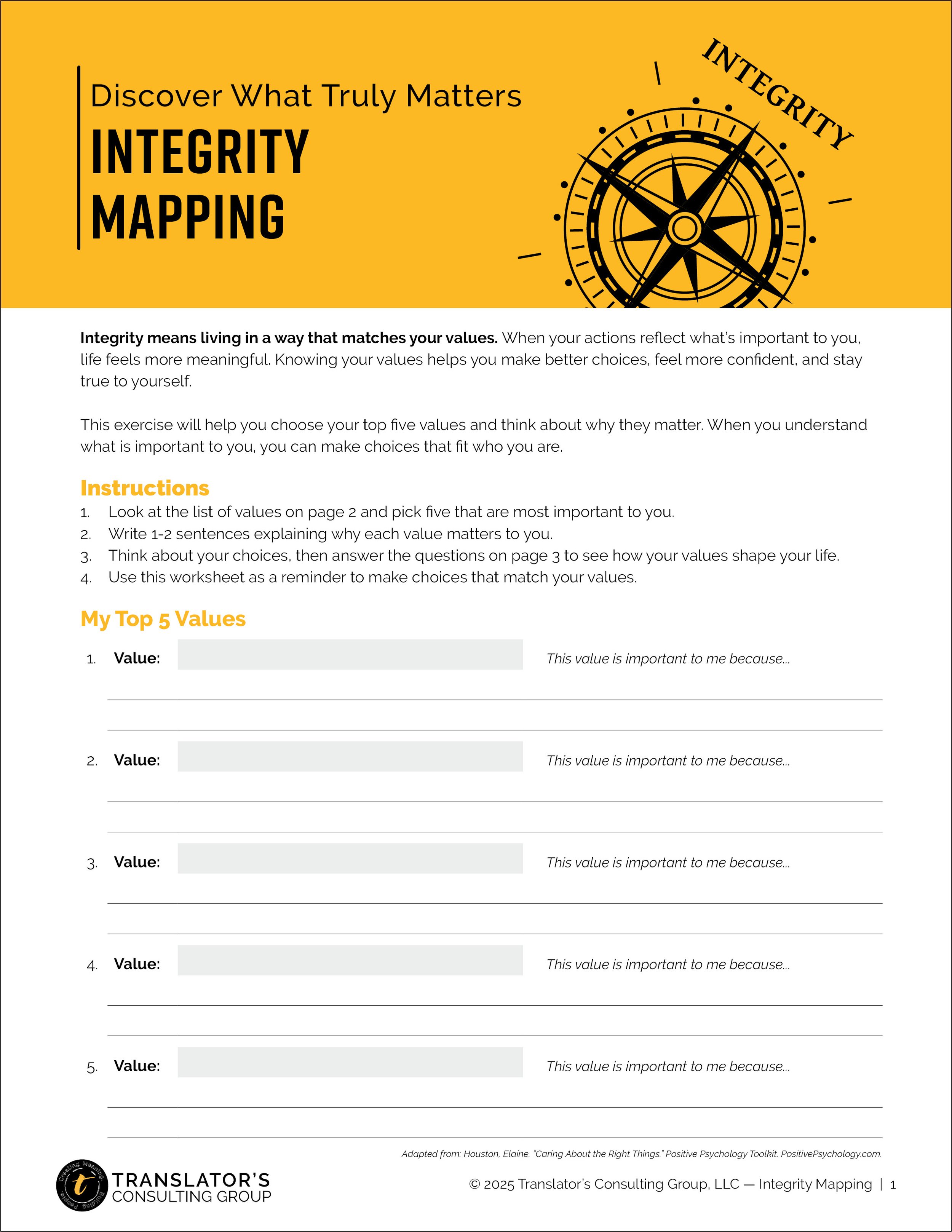 A digital worksheet titled "Integrity Mapping" with a yellow header and a black compass illustration. It includes instructions for choosing and reflecting on personal values, with space to write responses. Created by Translator’s Consulting Group.