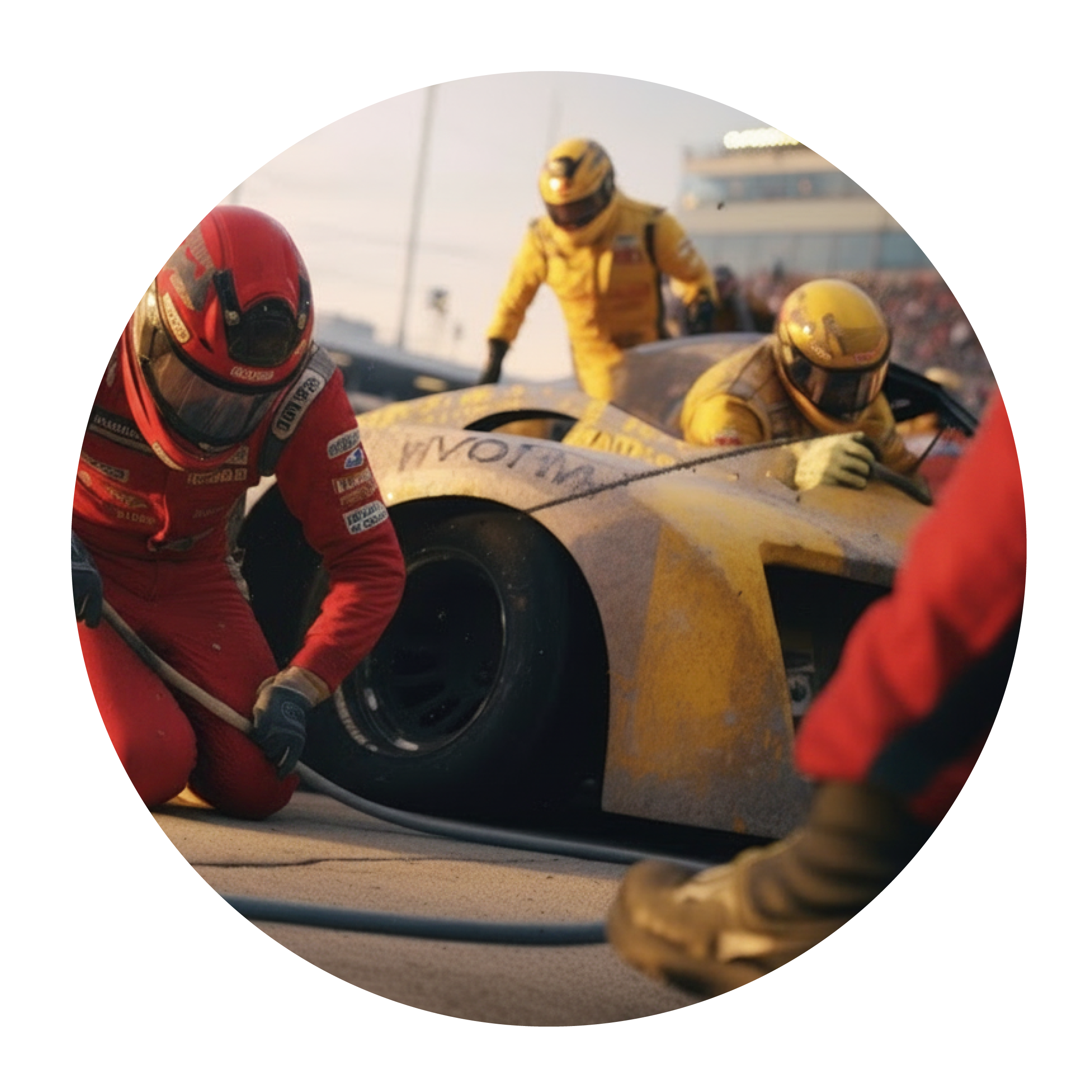 Racing pit crew working together to service a car, representing team performance and psychological safety.