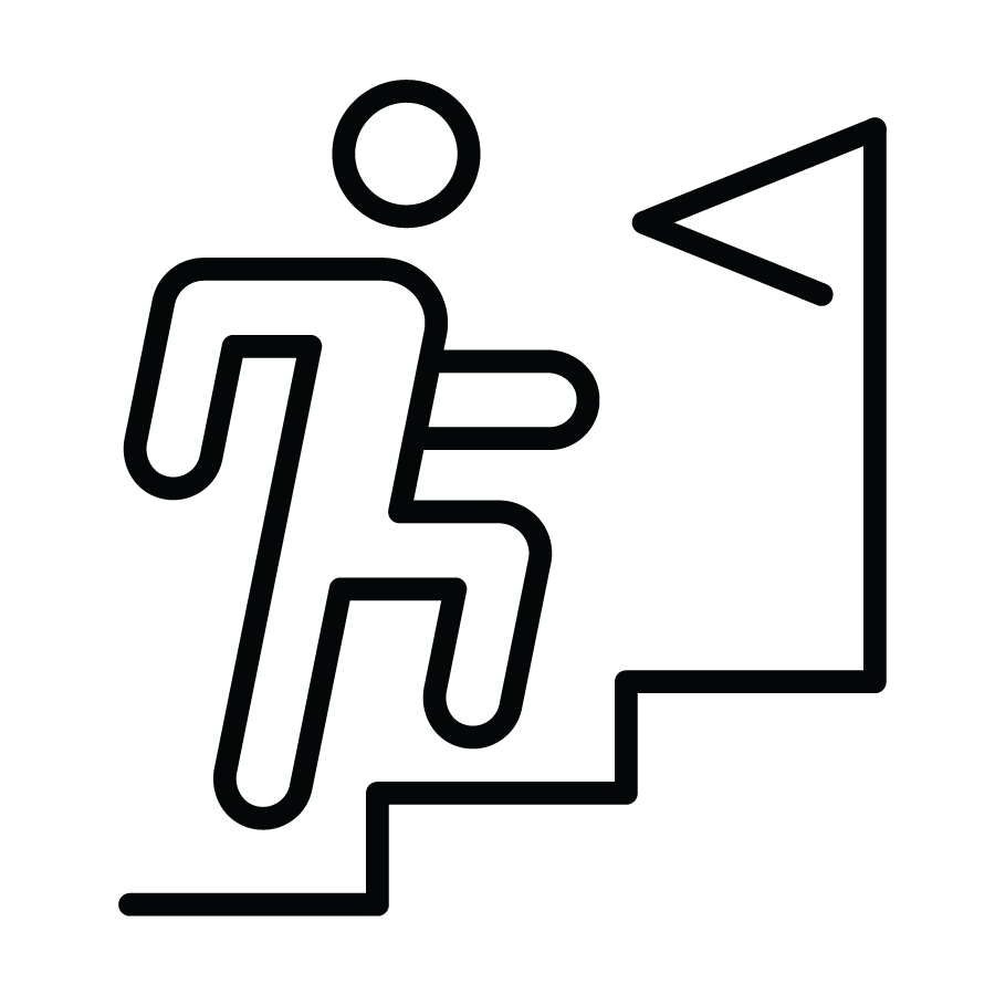 Icon showing person climbing toward flag representing turning assessment insight into action