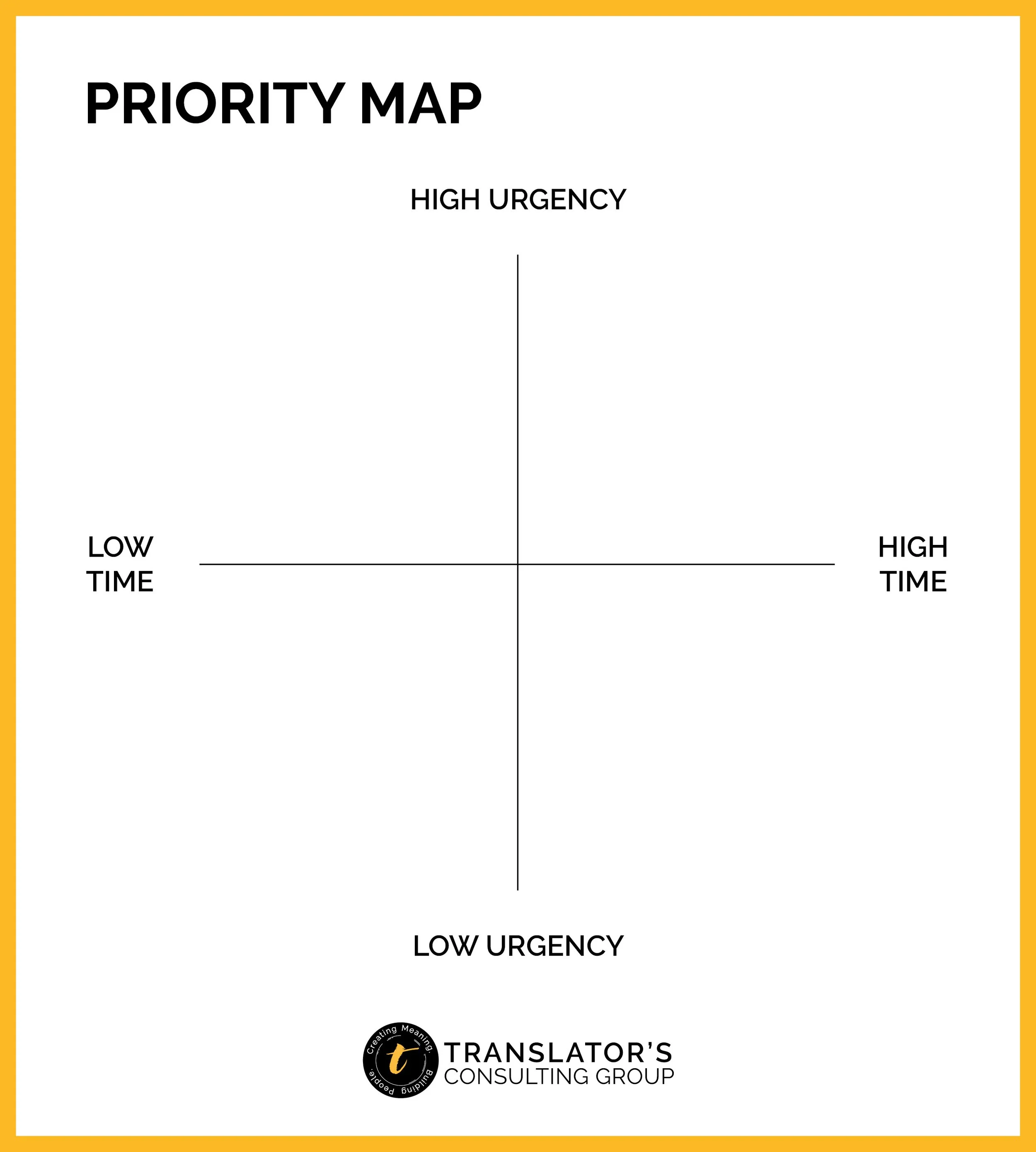 The Priority Map from Translator's Consulting Group serves as your guide to purposeful action, unlocking momentum and ensuring nothing important is overlooked.