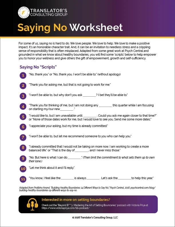 Saying No Worksheet boundary-setting tool from Translator’s Consulting Group