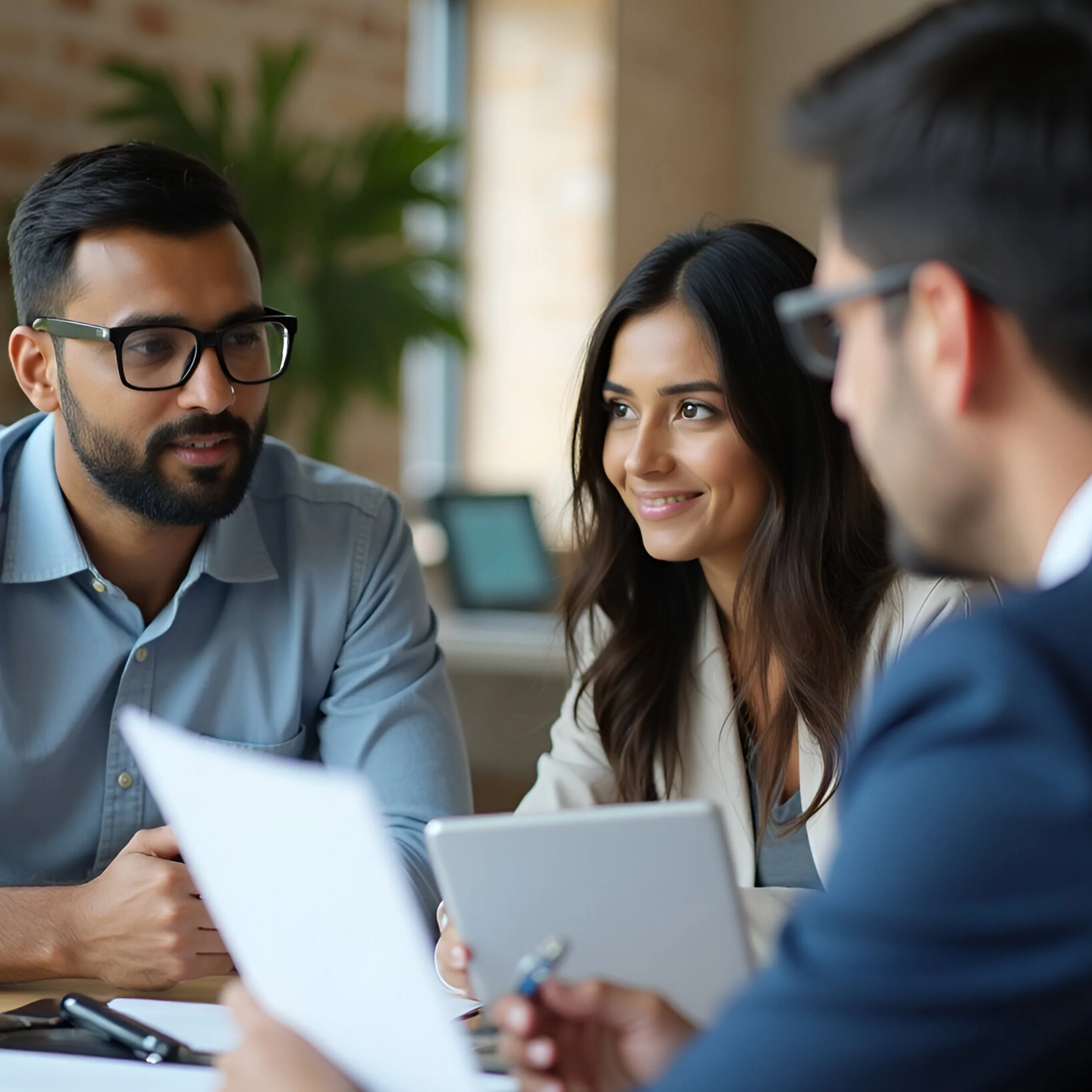 Three leaders in discussion during a Translation Stations™ session focused on leadership clarity and shared expectations.