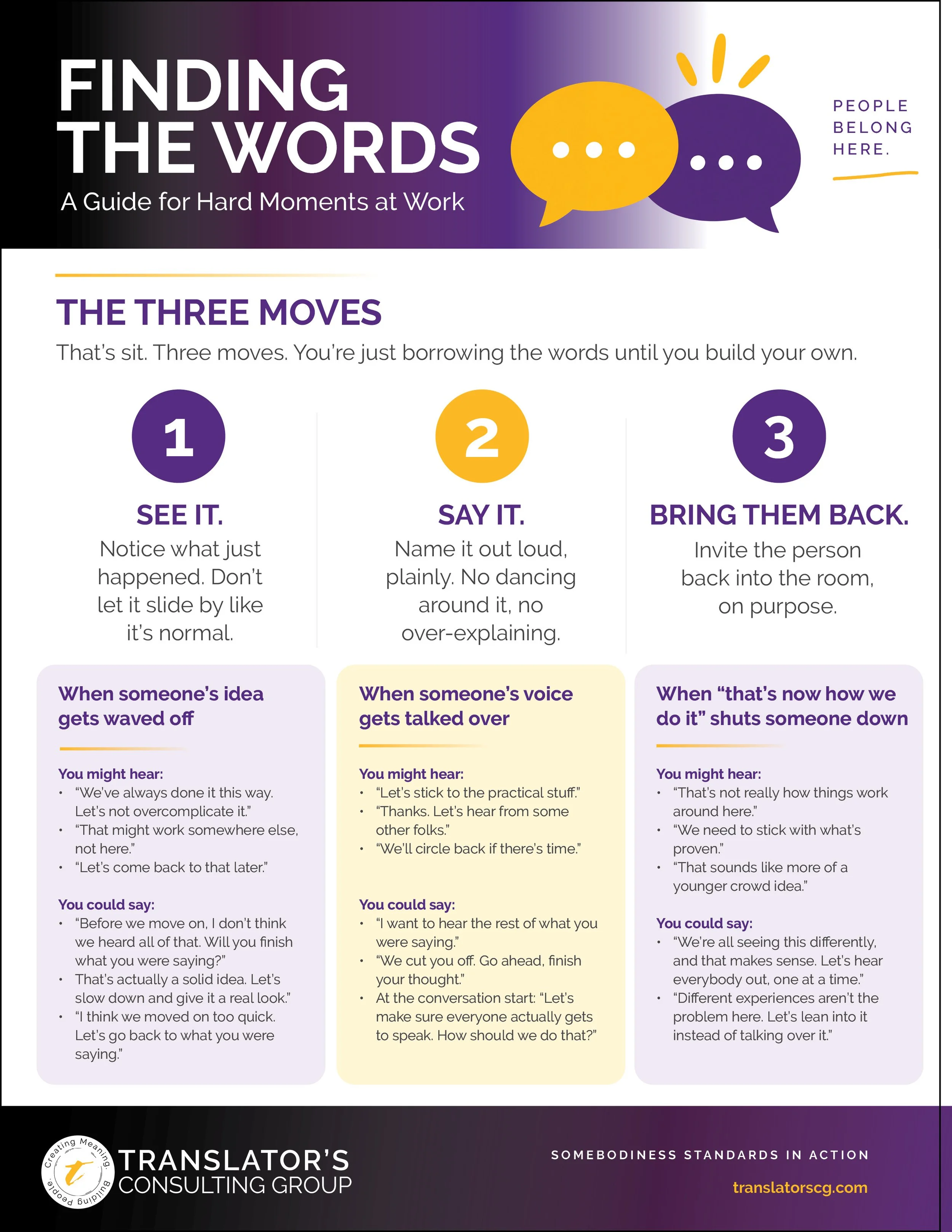 Finding the Words quick reference guide — a printable PDF with the three moves and three workplace scenarios from Translator's Consulting Group