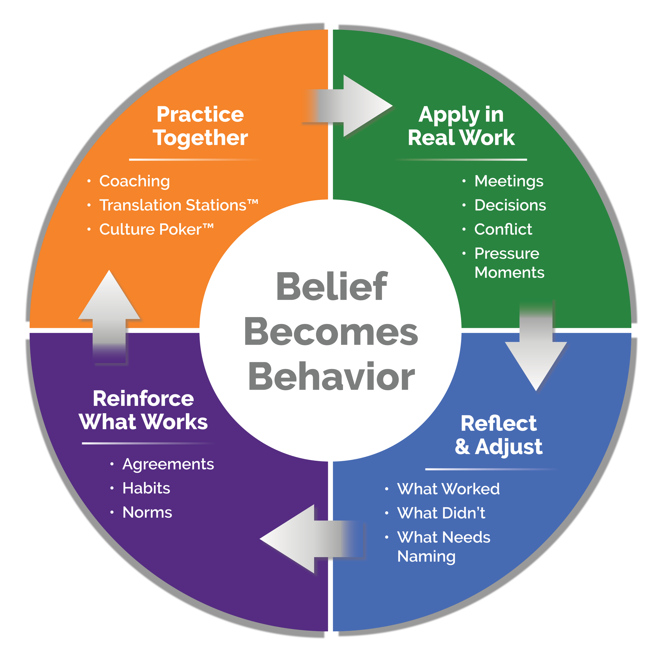 This TCG continuous execution cycle shows how teams turn belief into behavior by practicing together, applying skills in real work, reflecting and adjusting, and reinforcing what works so habits, agreements, and norms stick over time.