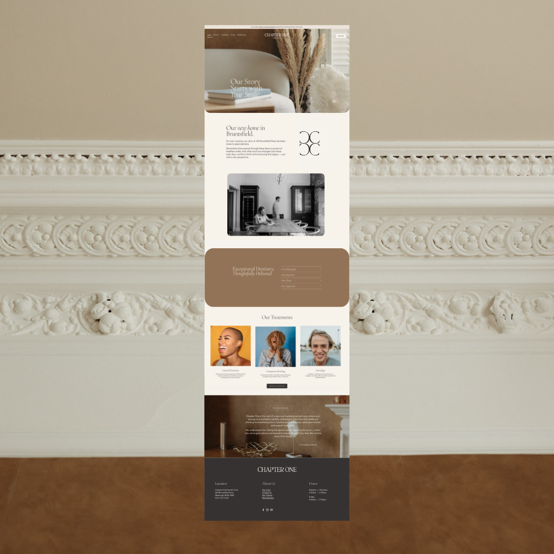 Vertical webpage design with sections about a new home, treatments, and contact details, featuring images of smiling people and warm brown and cream color scheme, set against an ornate cream wall background.