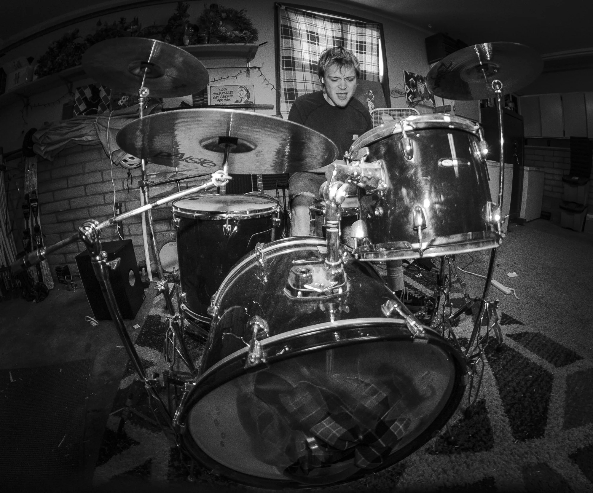 portrait, photo, monochrome, drumkit, fisheye