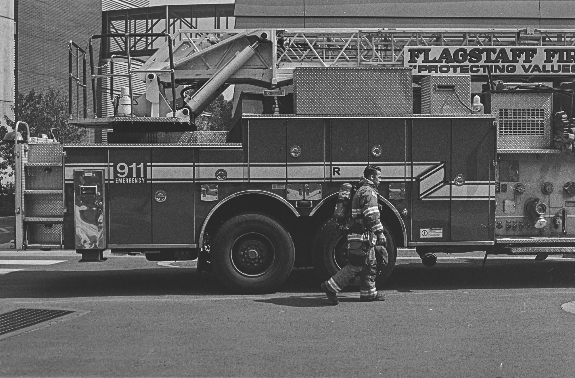 portrait, photo, monochrome, firefighter, firetruck