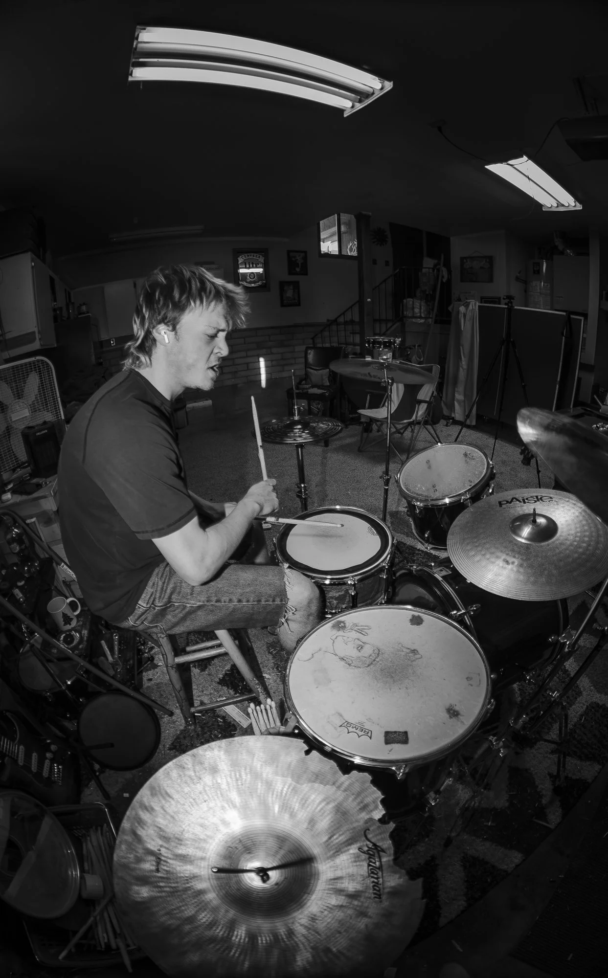 Portrait, photo, monochrome, drumkit, fisheye