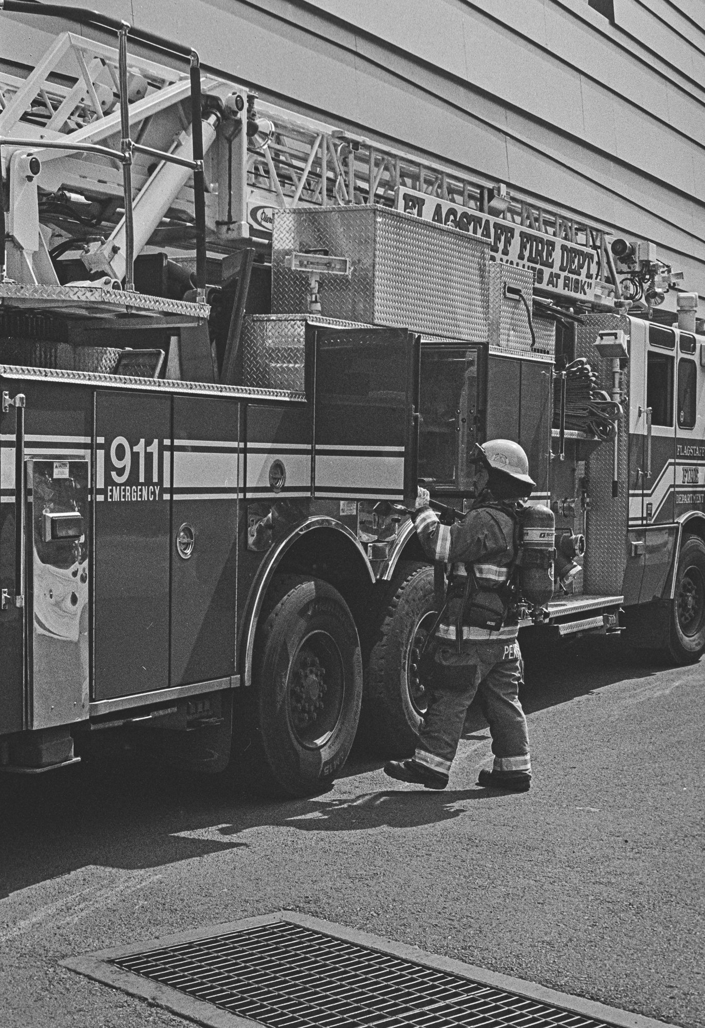 portrait, photo, monochrome, firefighter, firetruck