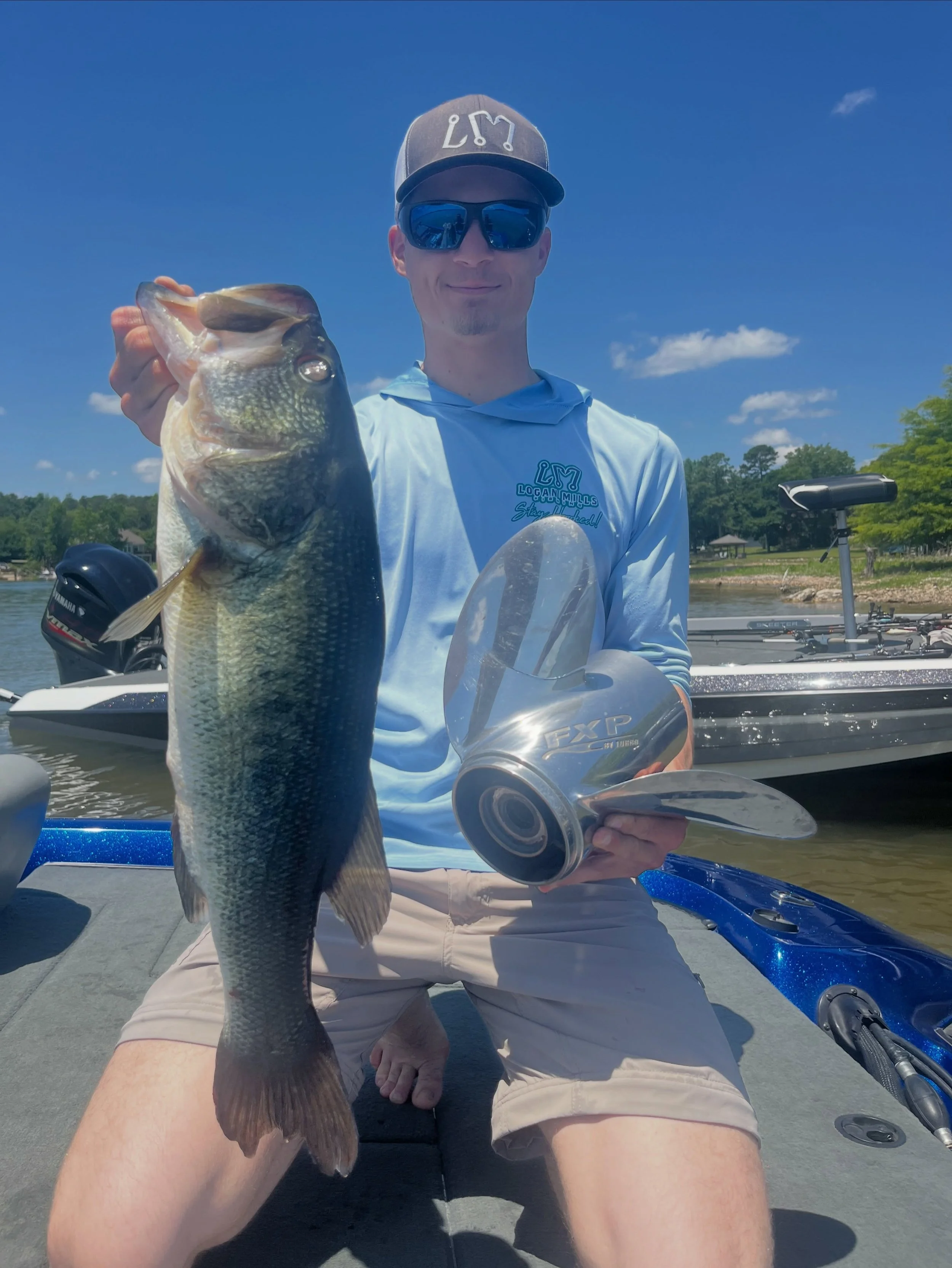 Had a interesting day this past week on the home pond. I had a pretty decent day of fishing with my best being 5:11lbs. But also cracked an ear off of my prop. Not sure how it really happened all I know is I felt that boat shaking and I slowed down. 