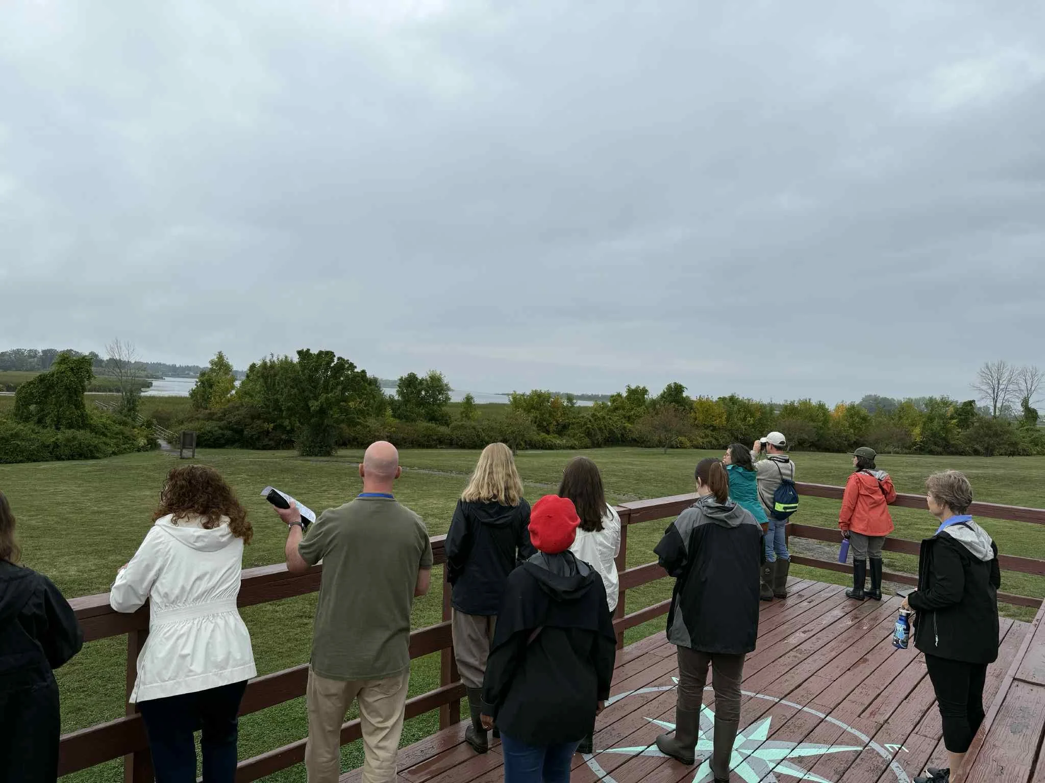 alt="a group of people stand on a wooden overlook on a cloudy day while looking out at a field surrounded by trees."