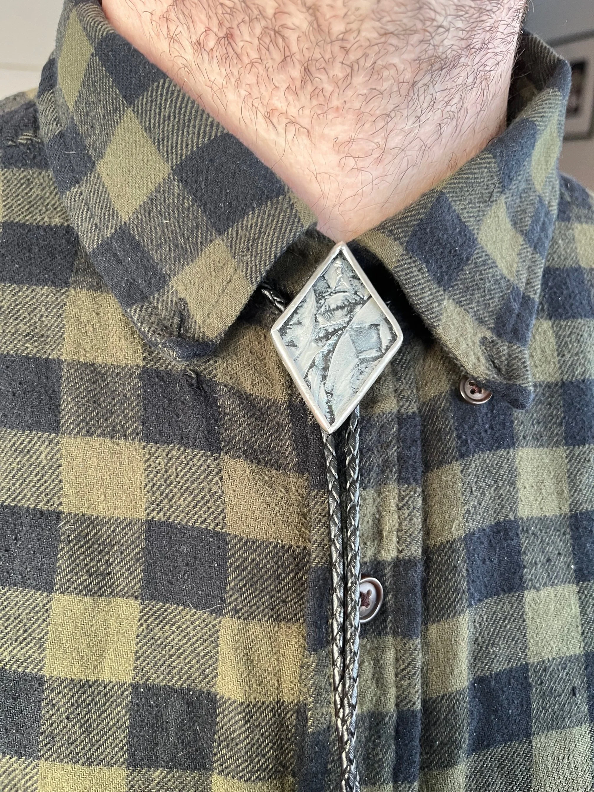 Silver diamond stained glass bolo tie
