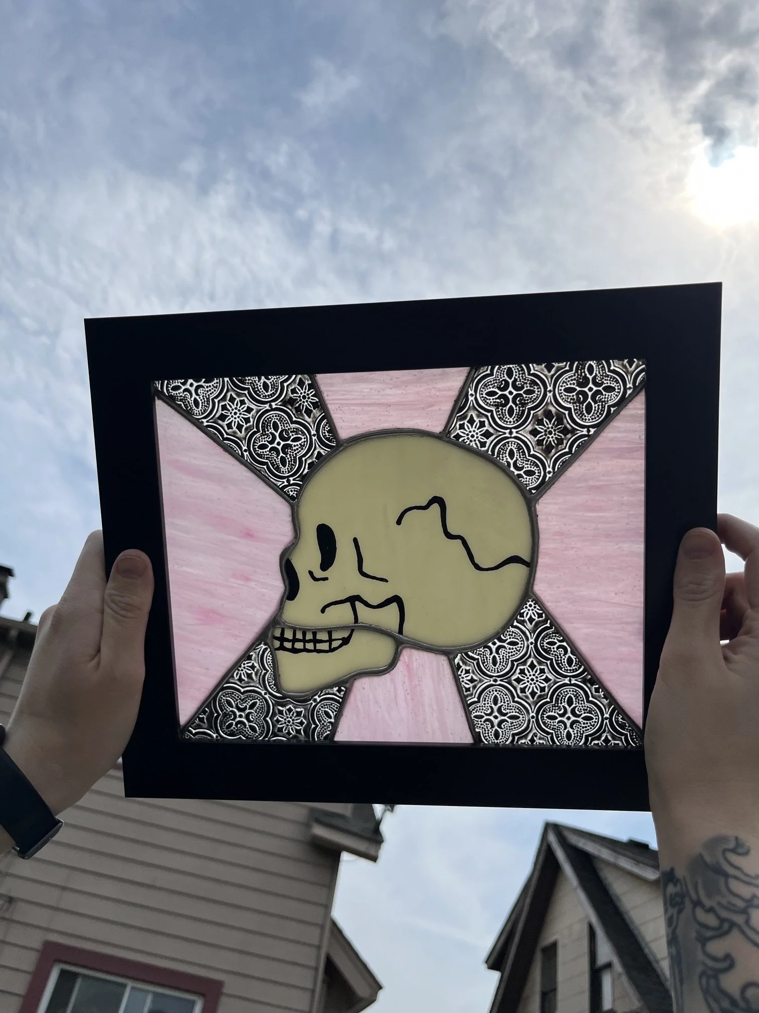 Framed skull stained glass