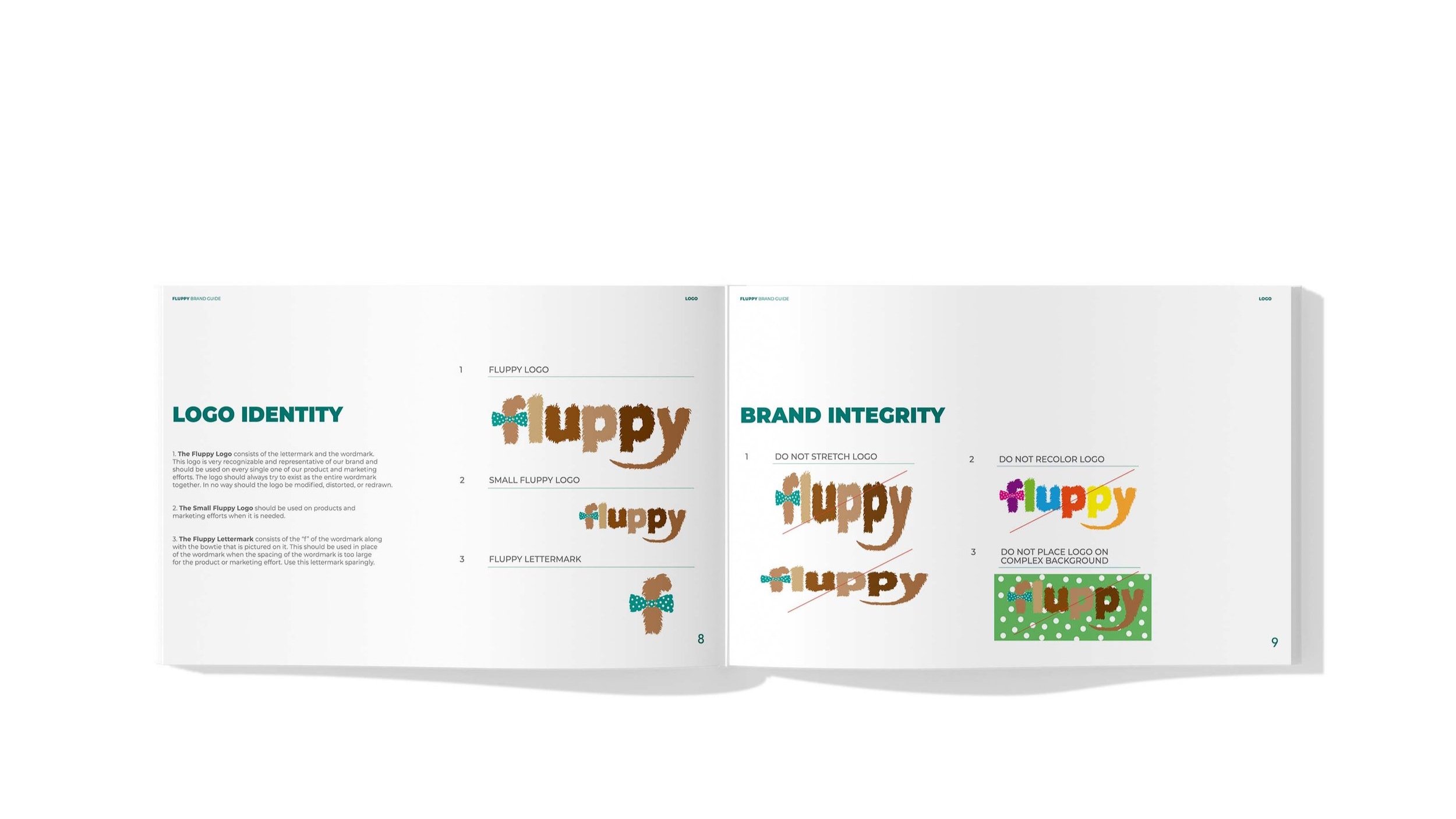 Brand Guide created for Fluppy, showing the logo integrity ( what to do & what not to do )