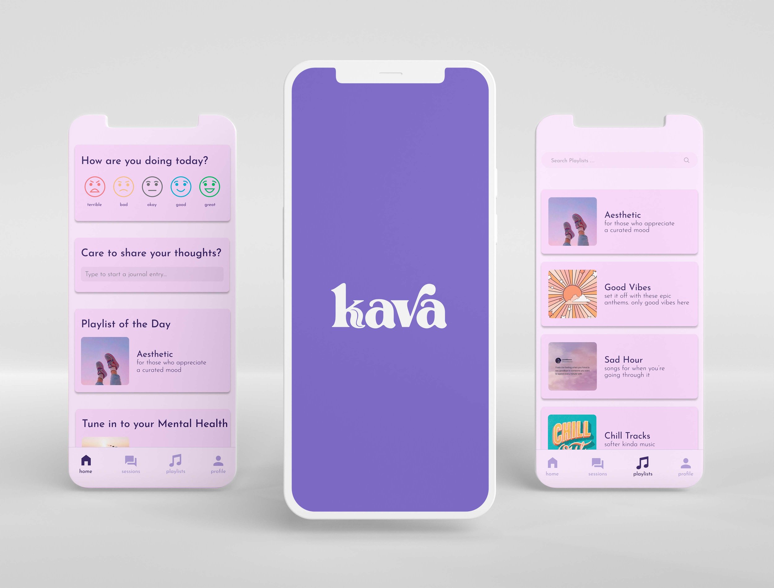 Kava home page, open screen, and playlist page