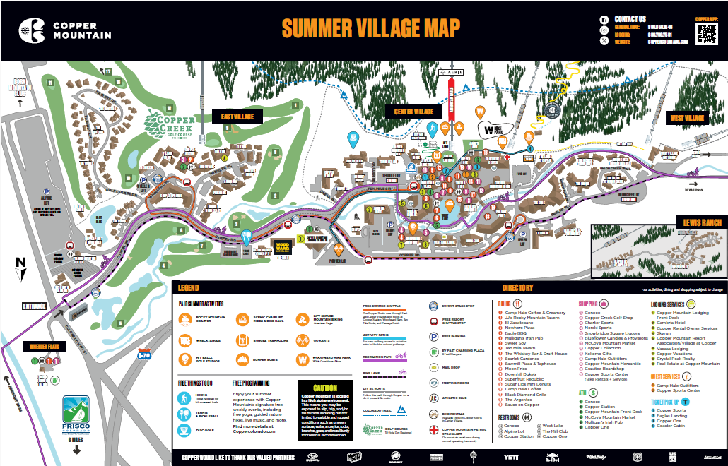 Map of a campground with labeled areas East Village, Center Village, West Village, and Lewis Ranch. Features include lakes, cabins, hiking trails, activity locations, and amenities such as golf, mini golf, foam, and zip lining. Legend indicates restrooms, shuttle stops, guest services, restaurants, shopping, golf check-in, adventure station, free parking, lodging, camper housing, and more.